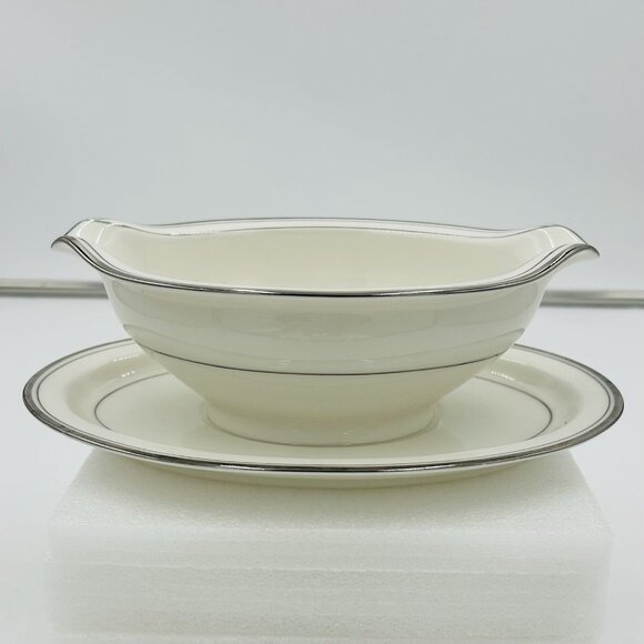 Noritake China Champlain Gravy Boat w/ Attached Underplate Platinum Trim #7553 - Picture 1 of 11